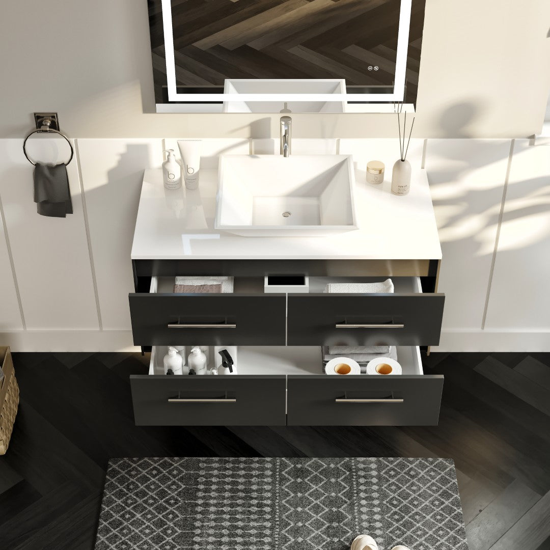 Wave 30 in. Espresso Wall Mount Single Sink Bath Vanity with White Quartz Top and Vessel Porcelain Sink