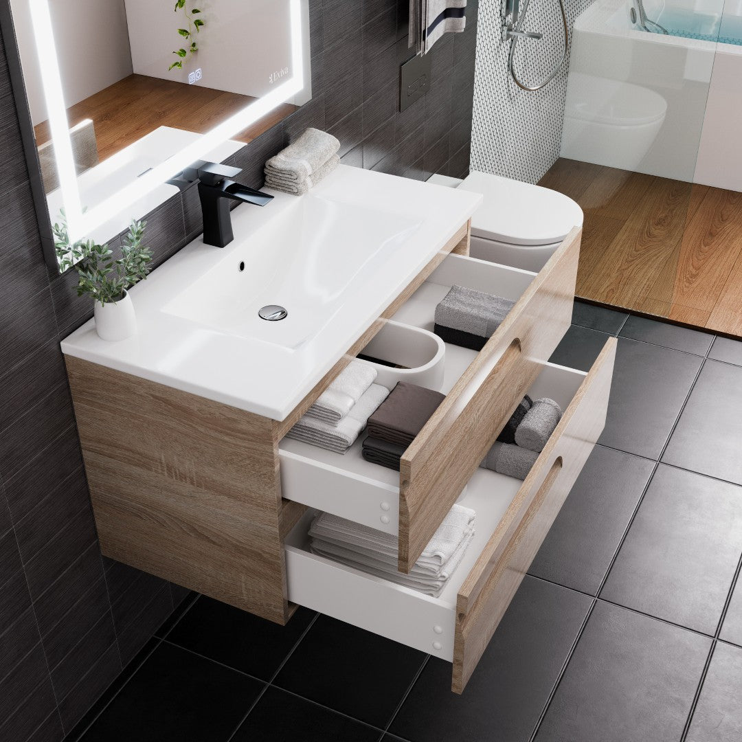 Joy 36 in. Maple Wall Mount Single Sink Bath Vanity with Porcelain Top and Integrated Sink