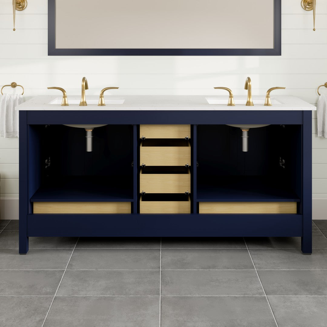 Aberdeen 72 in. Blue Double Sink  Bath Vanity with Carrara Quartz Top and Undermount Porcelain Sinks