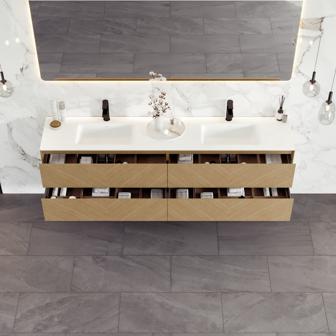 Lotus 71 in. Natural Oak Wall Mount Double Sink  Bath Vanity with Solid Surface Top and Integrated Sinks