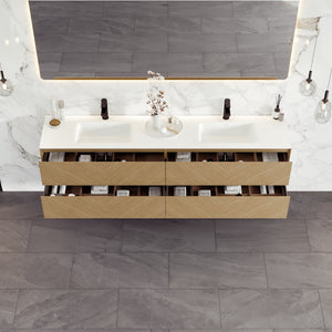 Lotus 71 in. Natural Oak Wall Mount Double Sink  Bath Vanity with Solid Surface Top and Integrated Sinks