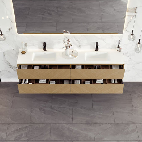Lotus 71 in. Natural Oak Wall Mount Double Sink  Bath Vanity with Solid Surface Top and Integrated Sinks