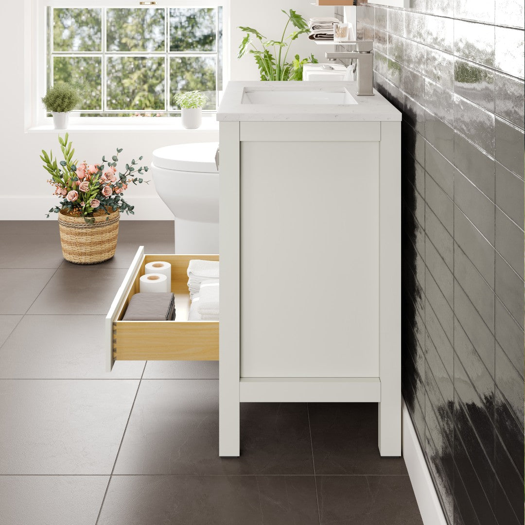 London 30 in. White Single Sink Bath Vanity with Carrara Quartz Top and Undermount Porcelain Sink