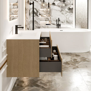 Lotus 30 in. Natural Oak Wall Mount Single Sink Bath Vanity with Solid Surface Top and Integrated Sink