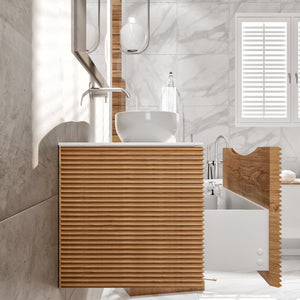 Leah 32 in. Medium Oak Wall Mount Single Sink Bath Vanity with Solid Surface Top and Vessel Solid Surface Sink