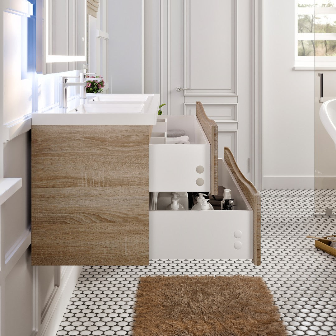 Smile 48 in. White Oak Wall Mount Double Sink  Bath Vanity with Acrylic Top and Integrated Sinks