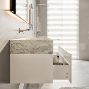 Fritti 36 in. White Wall Mount Single Sink Bath Vanity with Carrara Marble Top and Integrated Sink