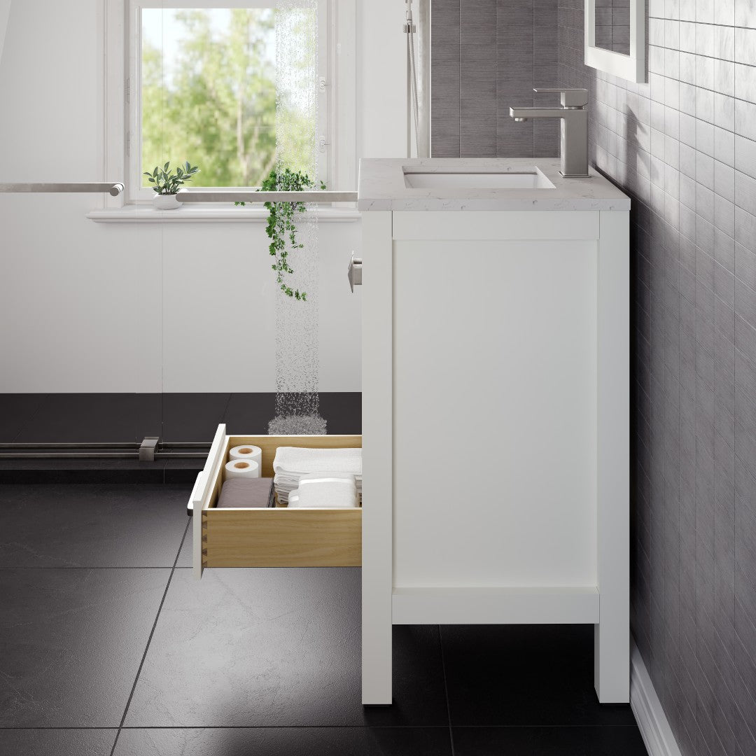 London 24 in. White Single Sink Bath Vanity with Carrara Quartz Top and Undermount Porcelain Sink