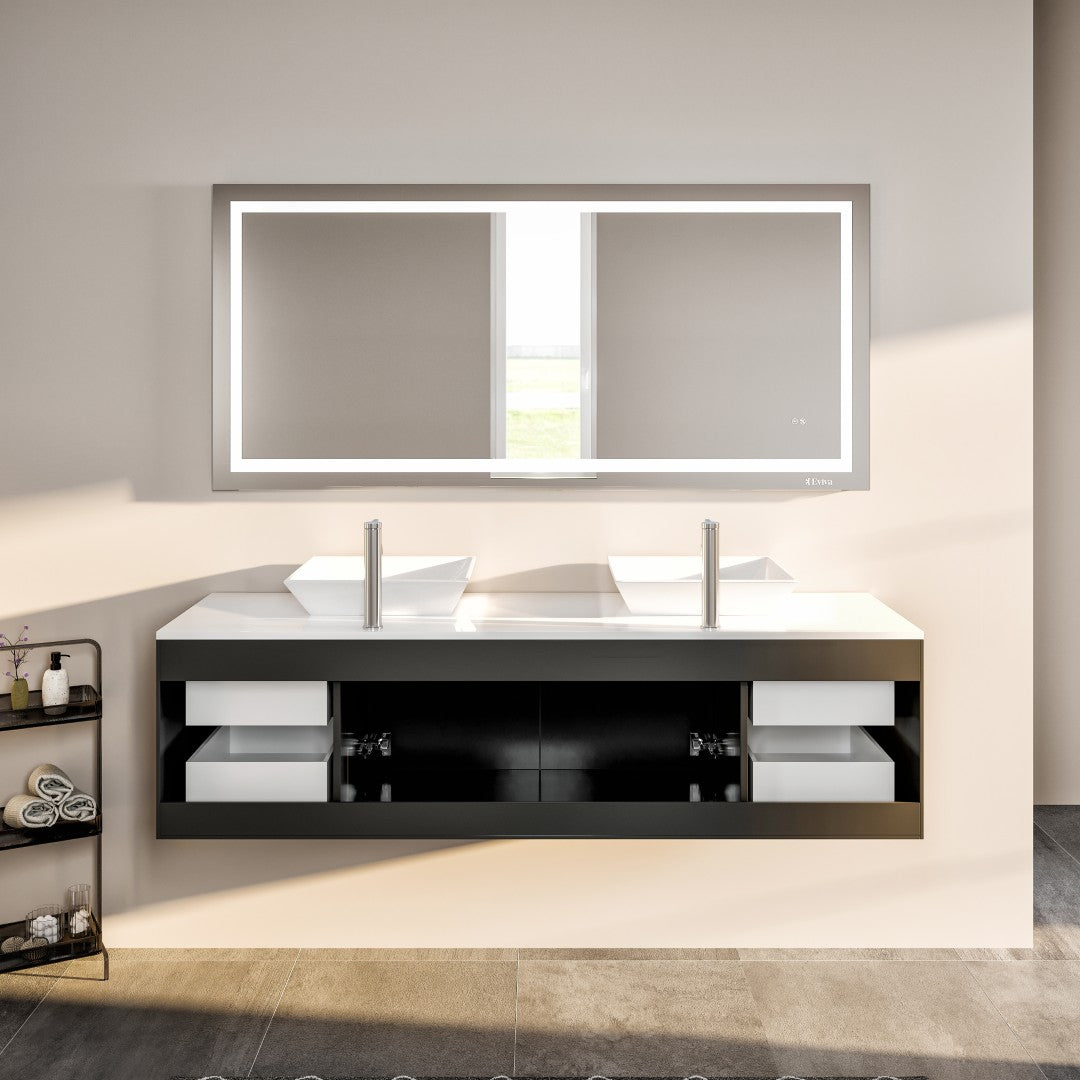 Wave 60 in. Espresso Wall Mount Double Sink  Bath Vanity with White Quartz Top and Vessel Porcelain Sinks