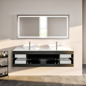 Wave 60 in. Espresso Wall Mount Double Sink  Bath Vanity with White Quartz Top and Vessel Porcelain Sinks