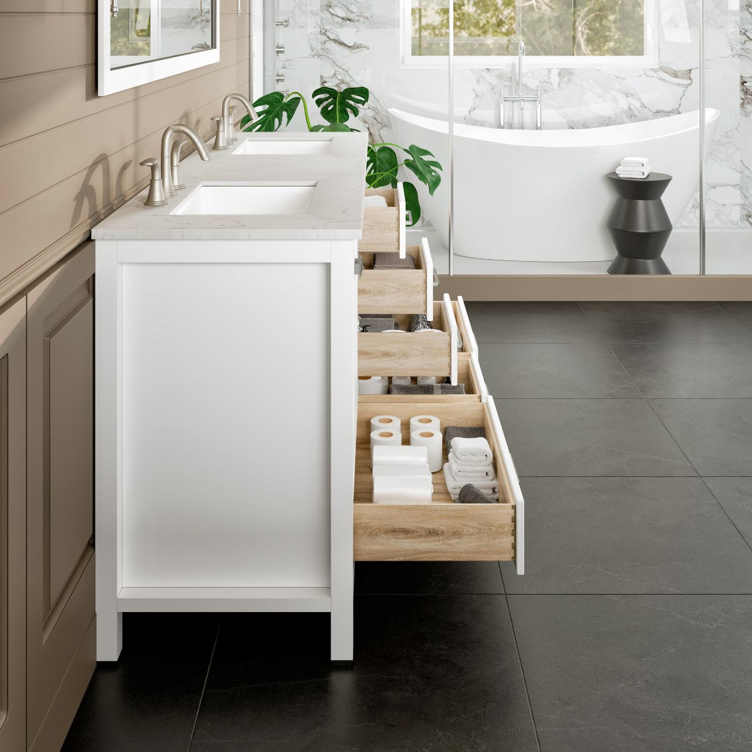 Aberdeen 72 in. White Double Sink  Bath Vanity with Carrara Quartz Top and Undermount Porcelain Sinks