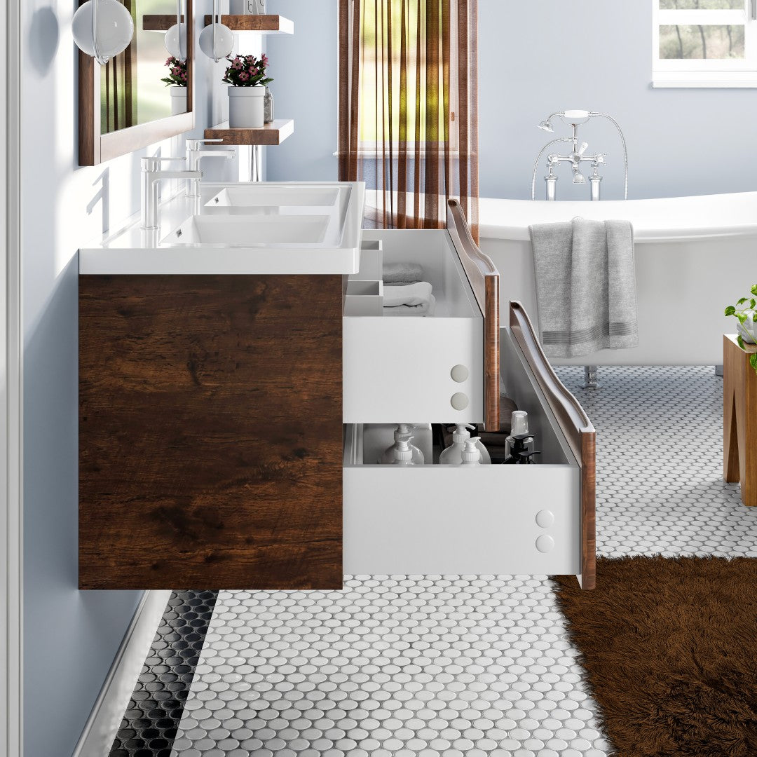 Smile 48 in. Rosewood Wall Mount Double Sink  Bath Vanity with Acrylic Top and Integrated Sinks