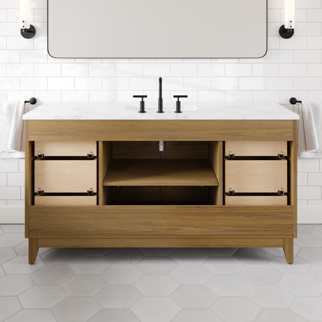 Graham 60 in. Oak Single Sink Bath Vanity with Arabescato Engineered Stone Top and Undermount Porcelain Sink