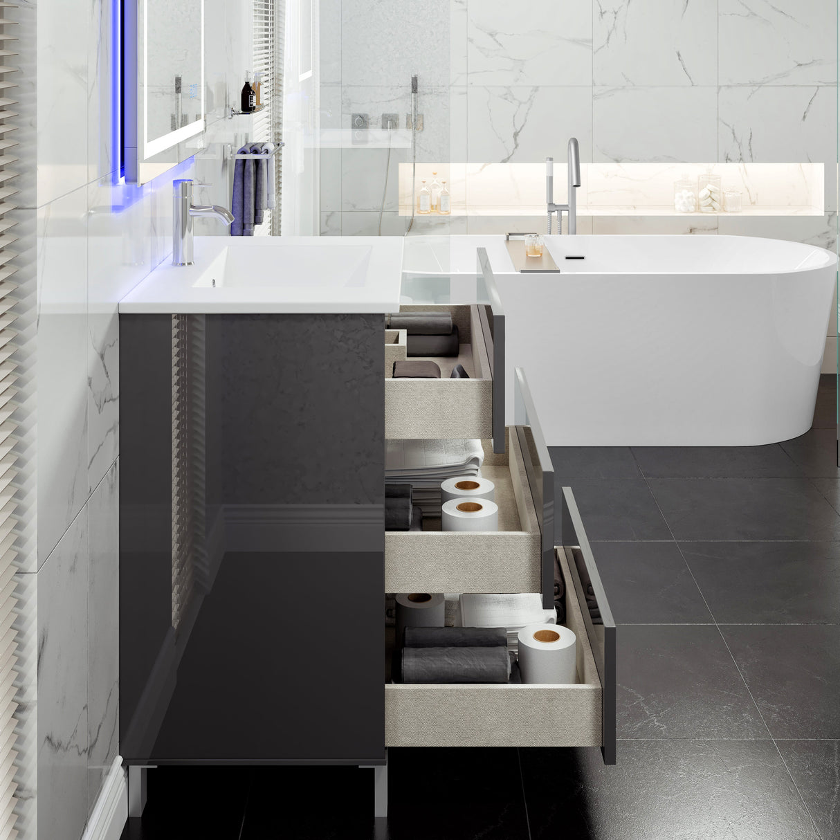Deluxe 32 in. Gray Single Sink Bath Vanity with Porcelain Top and Integrated Sink