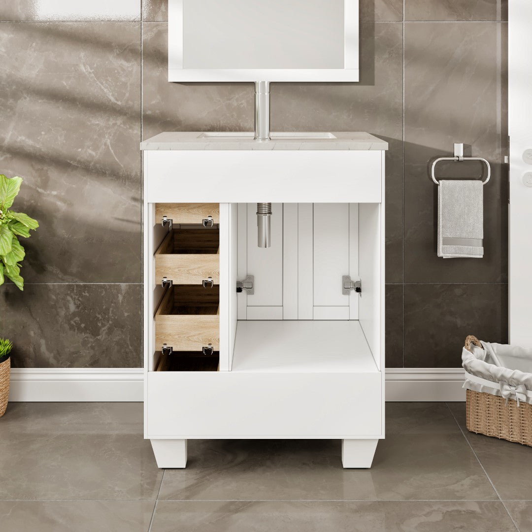 Happy 24 in. White Single Sink Bath Vanity with Carrara Quartz Top and Undermount Porcelain Sink