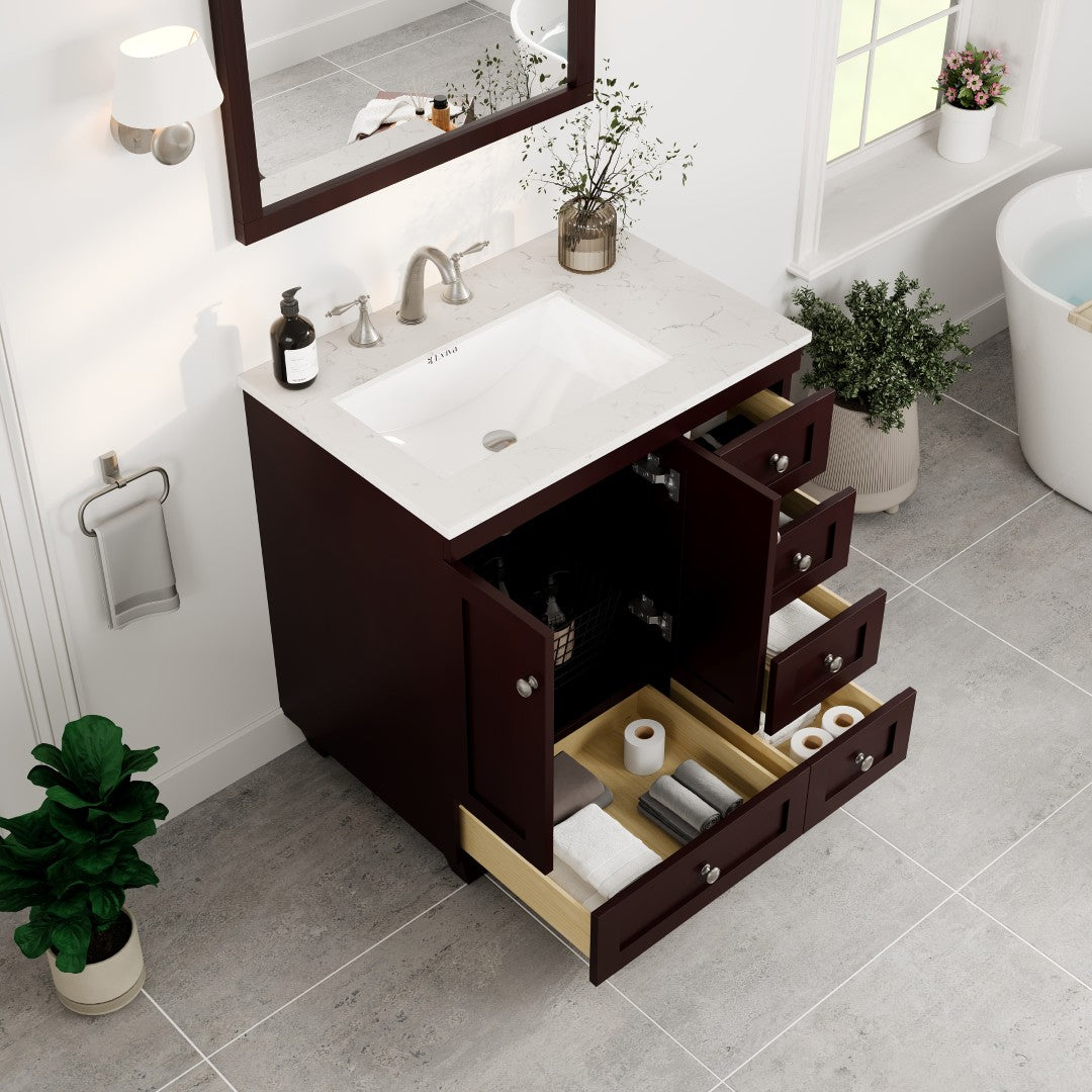 Acclaim 30 in. Teak Single Sink Bath Vanity with Carrara Quartz Top and Undermount Porcelain Sink