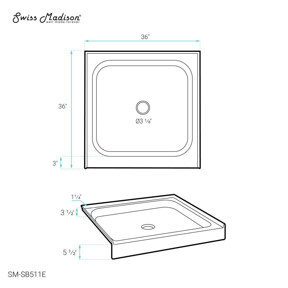 Voltaire 36 x 36' Single-Threshold, Center Drain, Shower Base in Grey