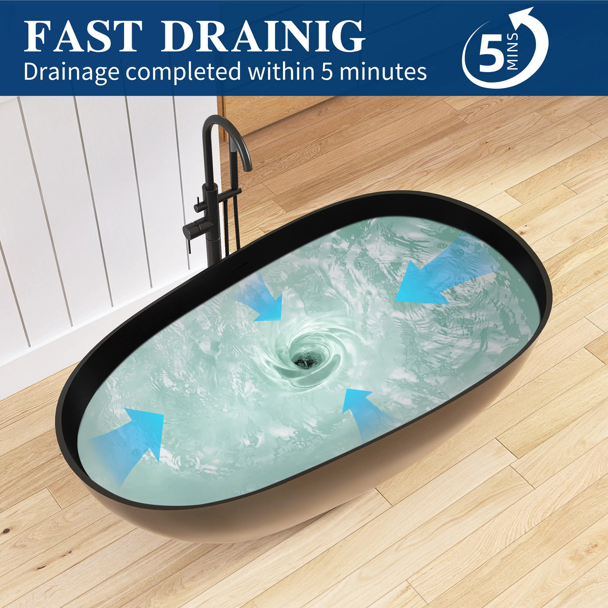 New England Home Goods Kilimanjaro 59" Freestanding Tub in Black - Stone Resin Solid Surface