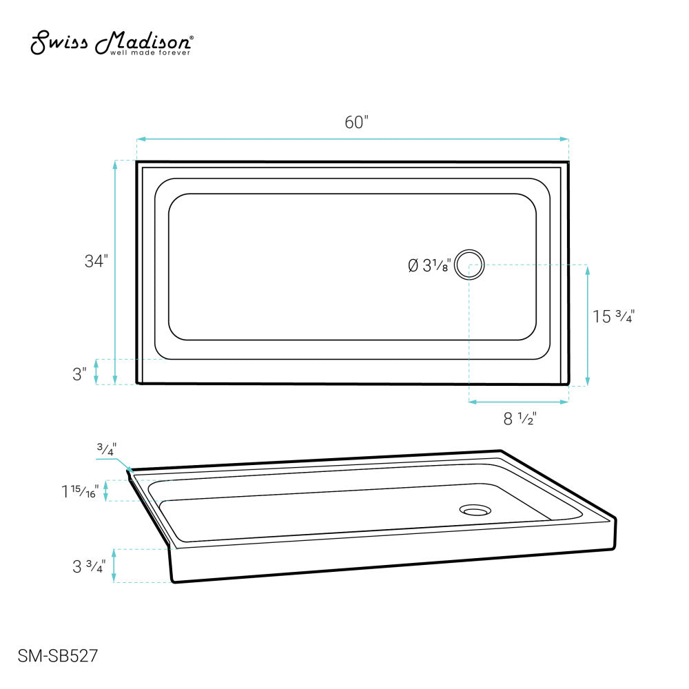 Voltaire 60 x 34 Acrylic White, Single-Threshold, Right Side Drain, Shower Base