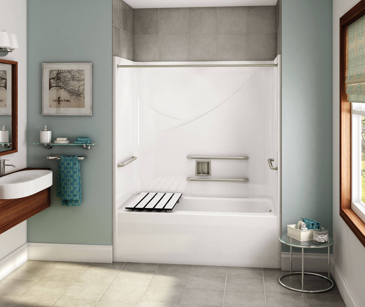 MAAX 106060-000-002-104 OPTS-6032 - ADA Grab Bars and Seat AcrylX Alcove Left-Hand Drain One-Piece Tub Shower in White