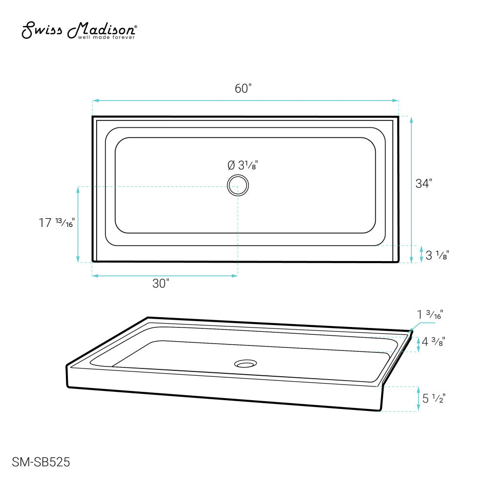 Voltaire 60 x 34 Acrylic White, Single-Threshold, Center Drain, Shower Base