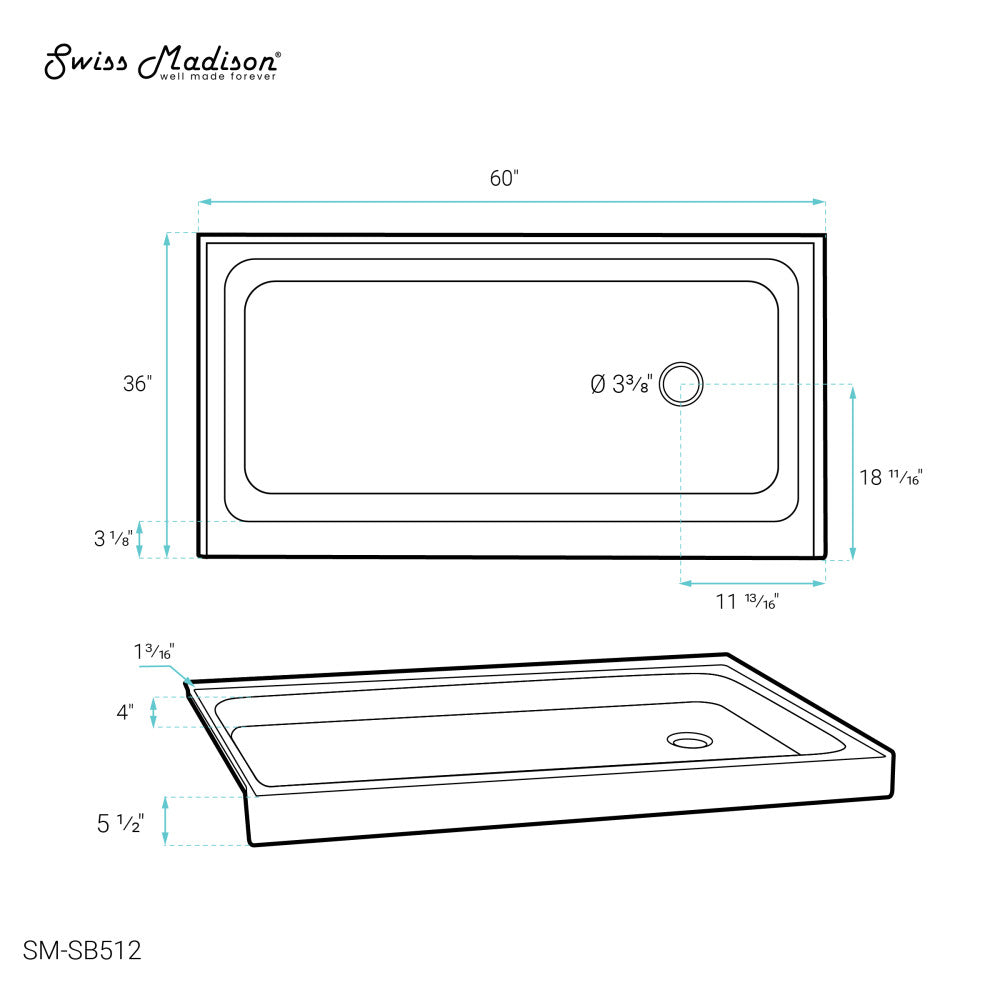 Voltaire 60 x 36 Acrylic White Single-Threshold, Right-Hand Drain, Shower Base