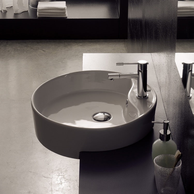 Round White Ceramic Semi-Recessed Sink