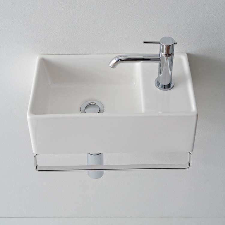 Small Wall Mounted Ceramic Sink With Polished Chrome Towel Bar