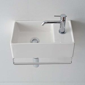Small Wall Mounted Ceramic Sink With Polished Chrome Towel Bar