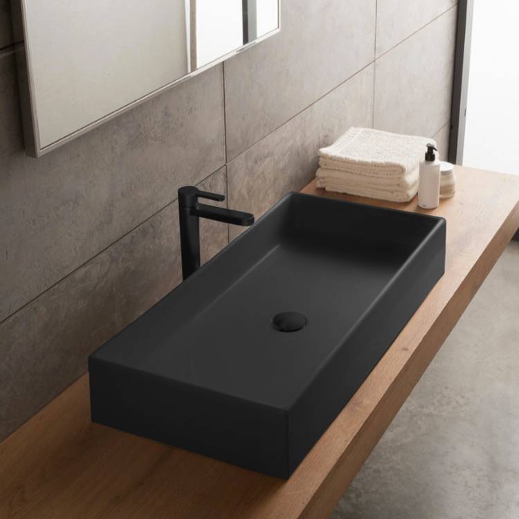 Rectangular Matte Black Vessel Sink in Ceramic