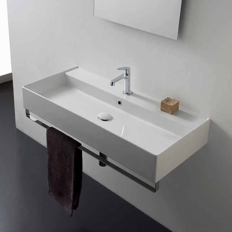 Rectangular Wall Mounted Ceramic Sink With Polished Chrome Towel Bar