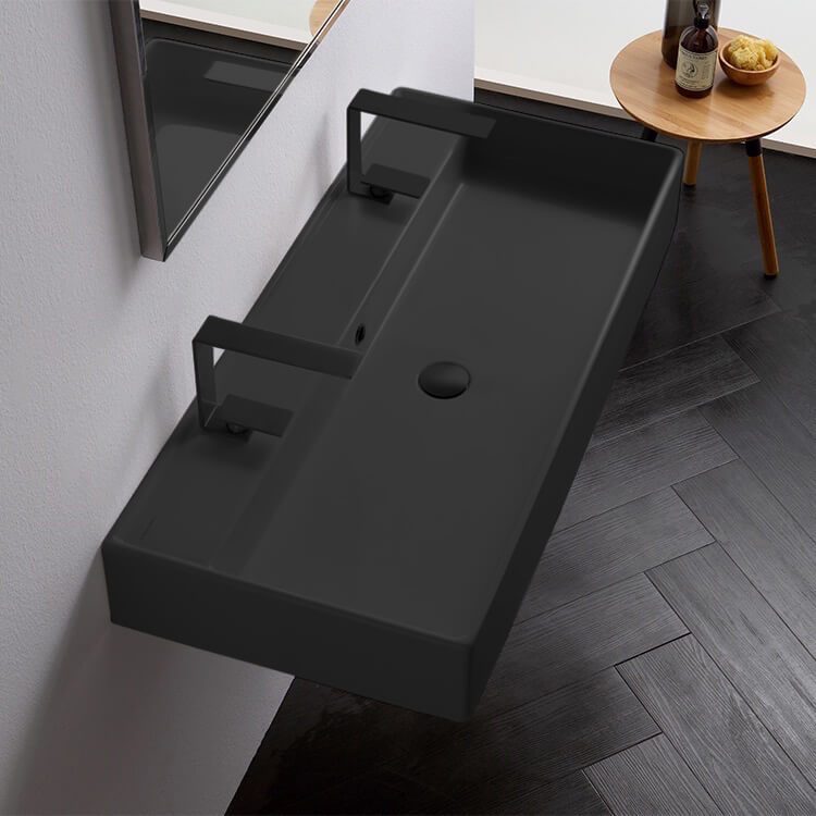 Matte Black Ceramic Trough Wall Mounted or Vessel Sink
