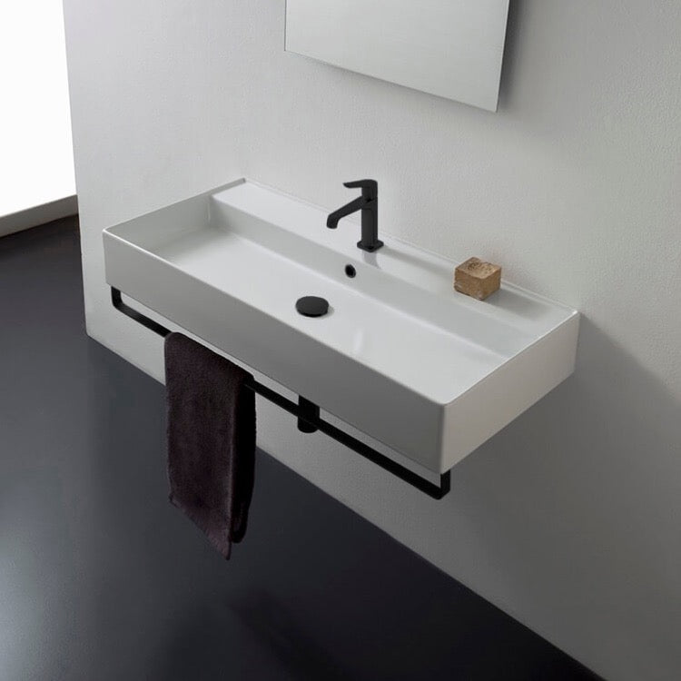 Rectangular Wall Mounted Ceramic Sink With Matte Black Towel Bar