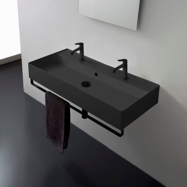 Double Matte Black Wall Mounted Ceramic Sink With Matte Black Towel Bar