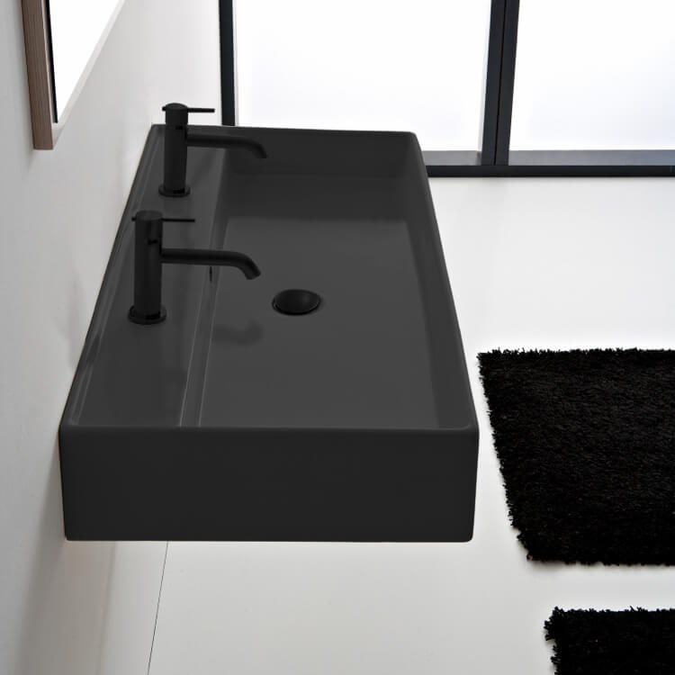 Matte Black Ceramic Trough Wall Mounted or Vessel Sink