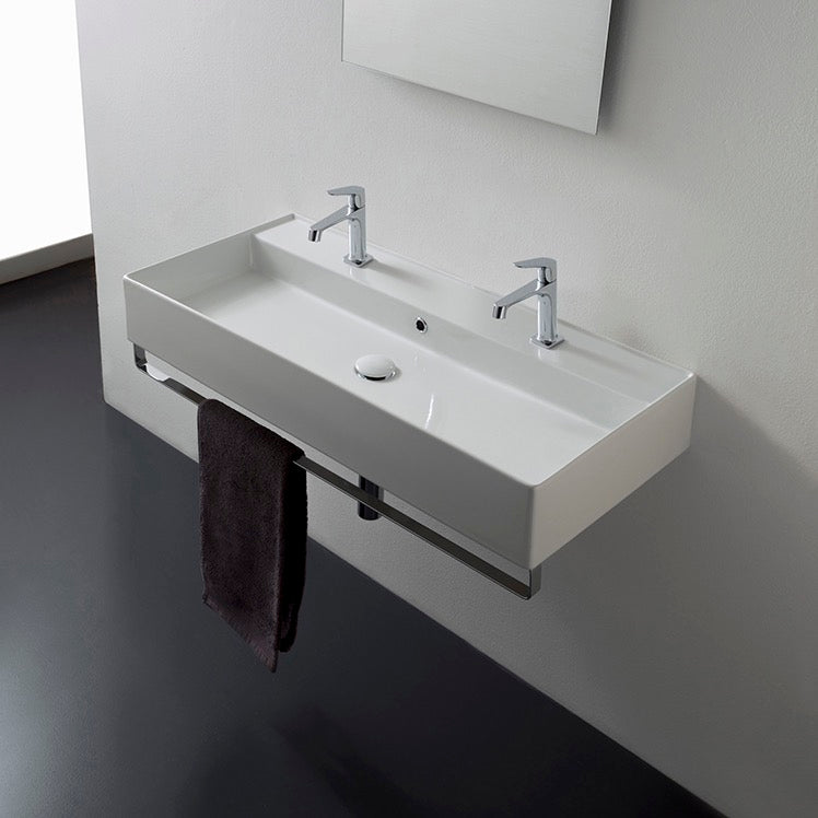 Wall Mounted Double Ceramic Sink With Polished Chrome Towel Bar