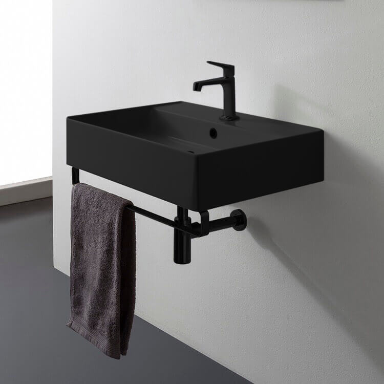 Matte Black Ceramic Wall Mounted Sink With Matte Black Towel Bar