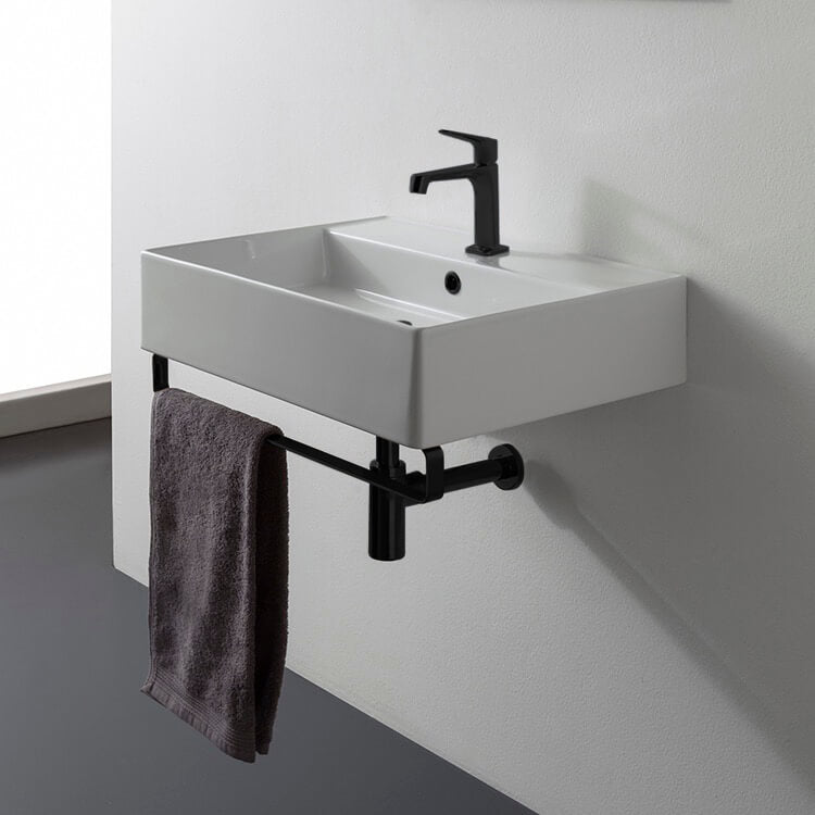 Rectangular Wall Mounted Ceramic Sink With Matte Black Towel Bar