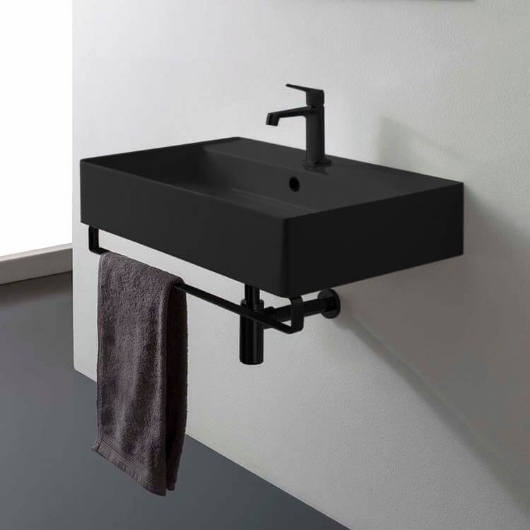 Matte Black Ceramic Wall Mounted Sink With Matte Black Towel Bar