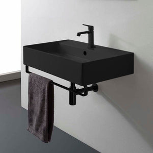 Matte Black Ceramic Wall Mounted Sink With Matte Black Towel Bar