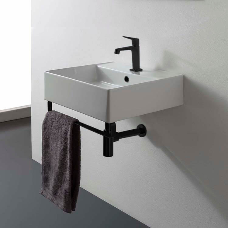 Square Wall Mounted Ceramic Sink With Matte Black Towel Bar