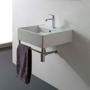 Square Wall Mounted Ceramic Sink With Polished Chrome Towel Bar