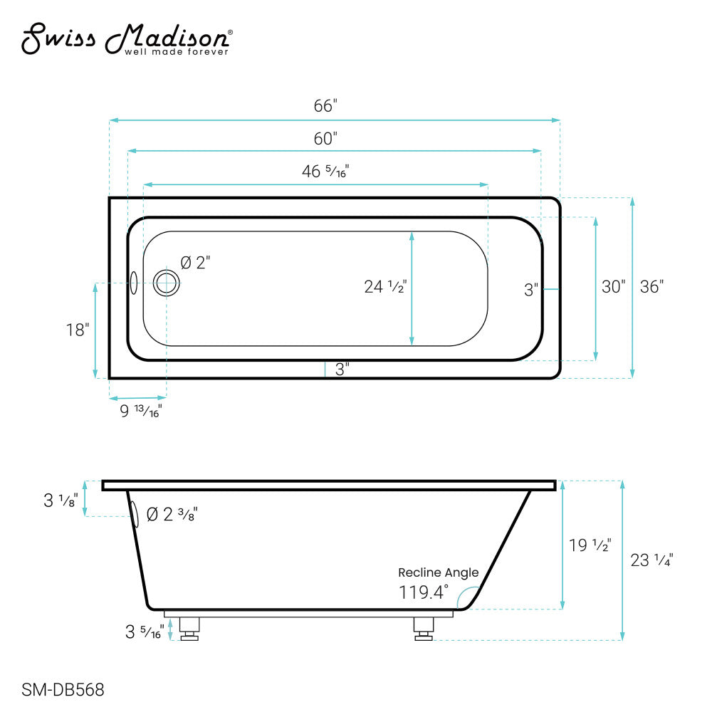 Voltaire 66 "x 36" Reversible Drain Drop-In Bathtub