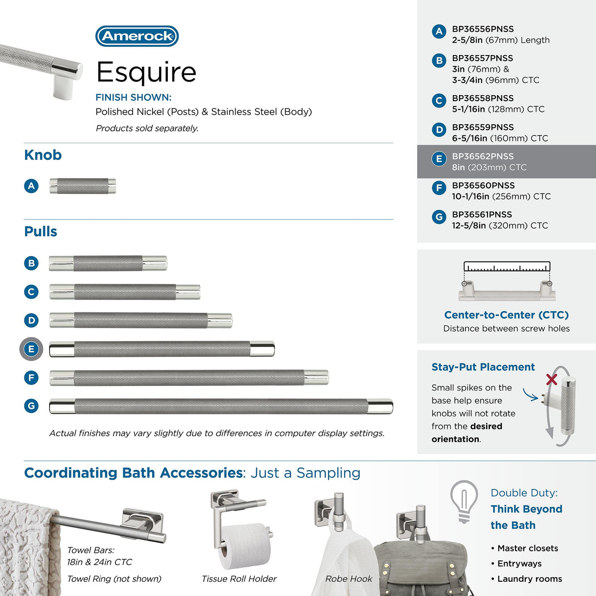 Amerock BP36562PNSS Esquire Cabinet Pull, 8in (203mm) Center-to-Center, Polished Nickel/Stainless Steel