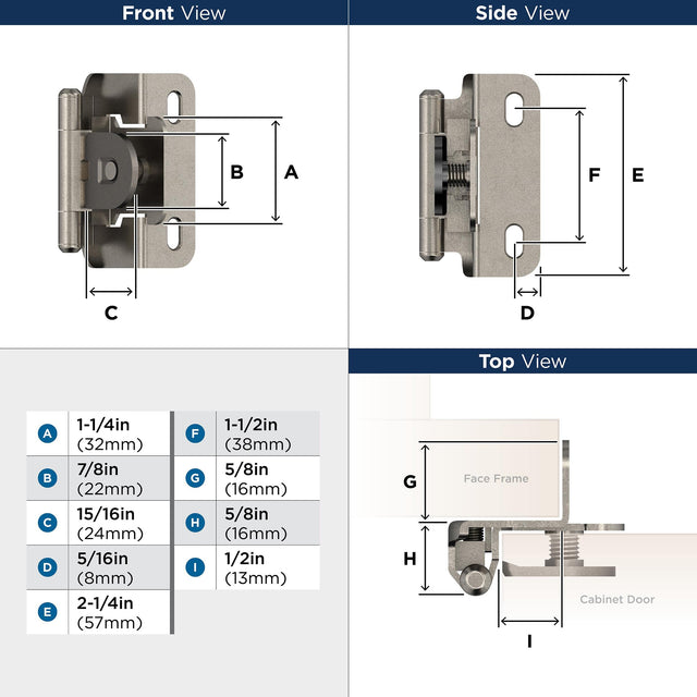 Amerock BPR871914 Cabinet Hinge 1/2 in (13 mm) Overlay Single Demountable Partial Wrap Nickel Kitchen Cabinet Door Hinge 1 Pair/2 Pack Functional Hardware