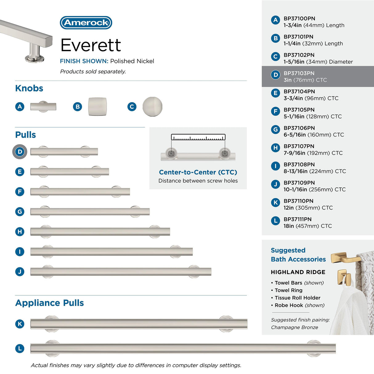 Amerock Corp BP37103PN Everett Pull, 3 in (76 mm) Center-to-Center, Polished Nickel