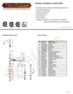 Premier Copper Products K-DW01ORB Reverse Osmosis Cold Drinking Water Faucet in Oil Rubbed Bronze