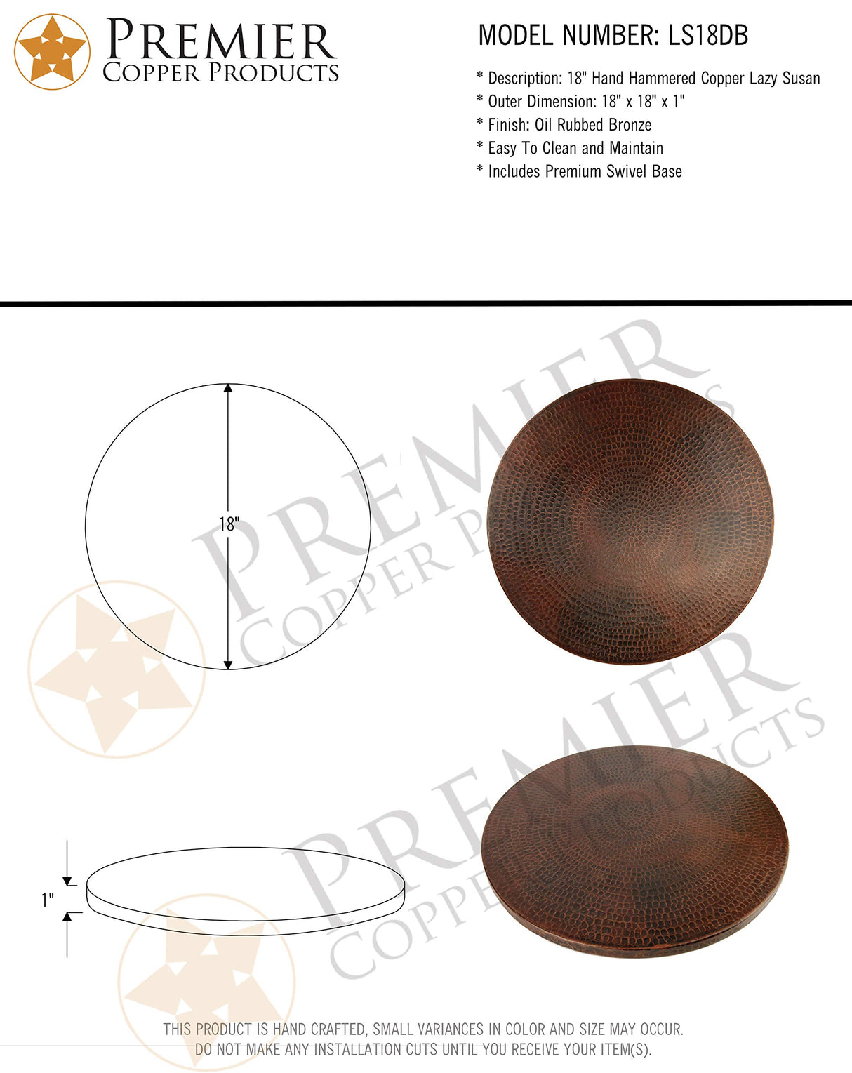 Premier Copper Products LS18DB 18-Inch Hand Hammered Copper Lazy Susan, Oil Rubbed Bronze