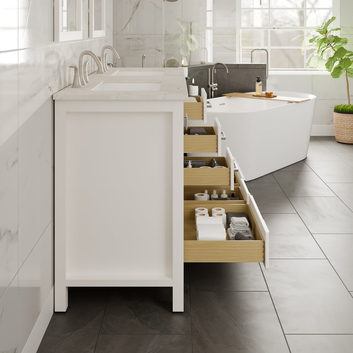 Aberdeen 60 in. White Double Sink  Bath Vanity with Carrara Quartz Top and Undermount Porcelain Sinks