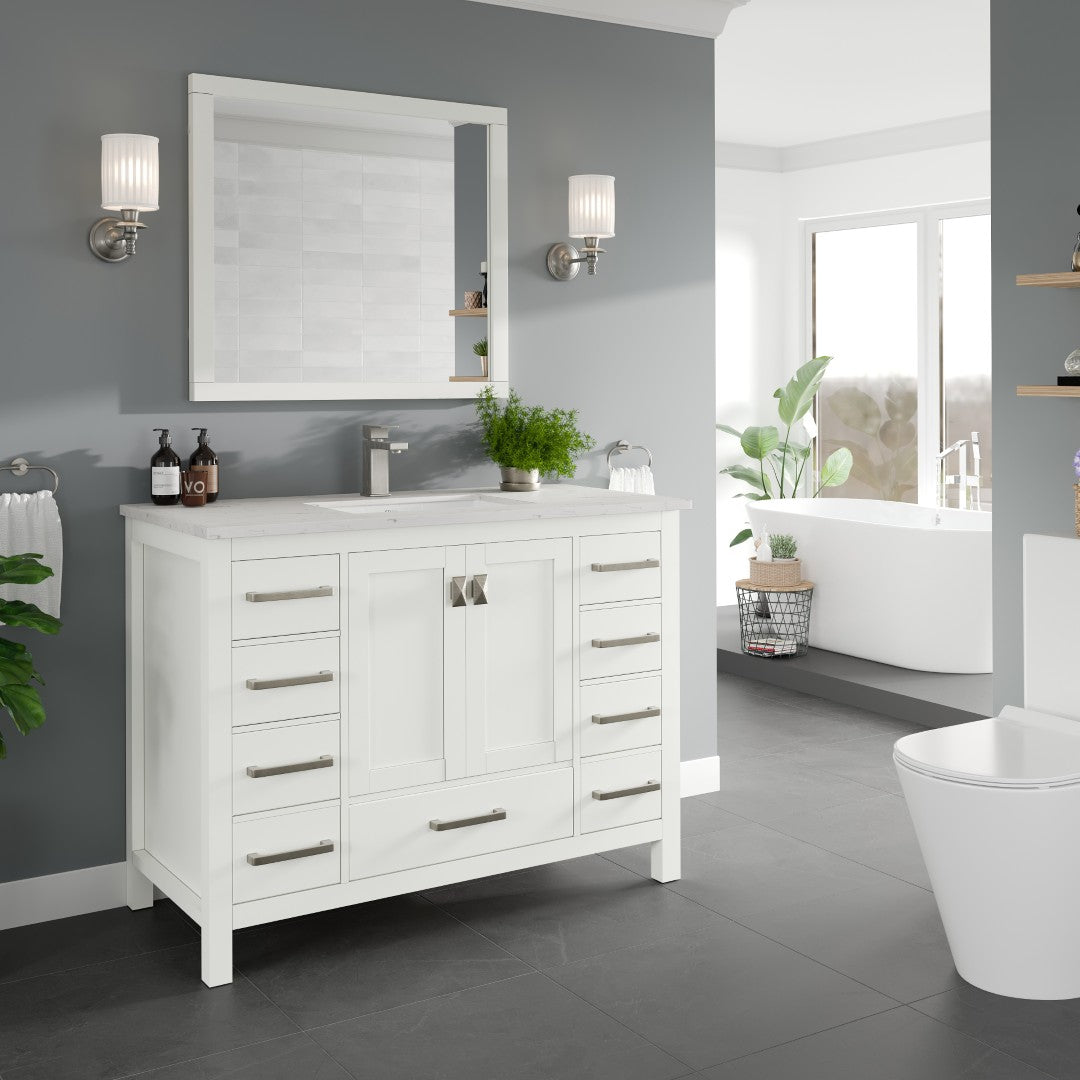 London 42 in. White Single Sink Bath Vanity with Carrara Quartz Top and Undermount Porcelain Sink